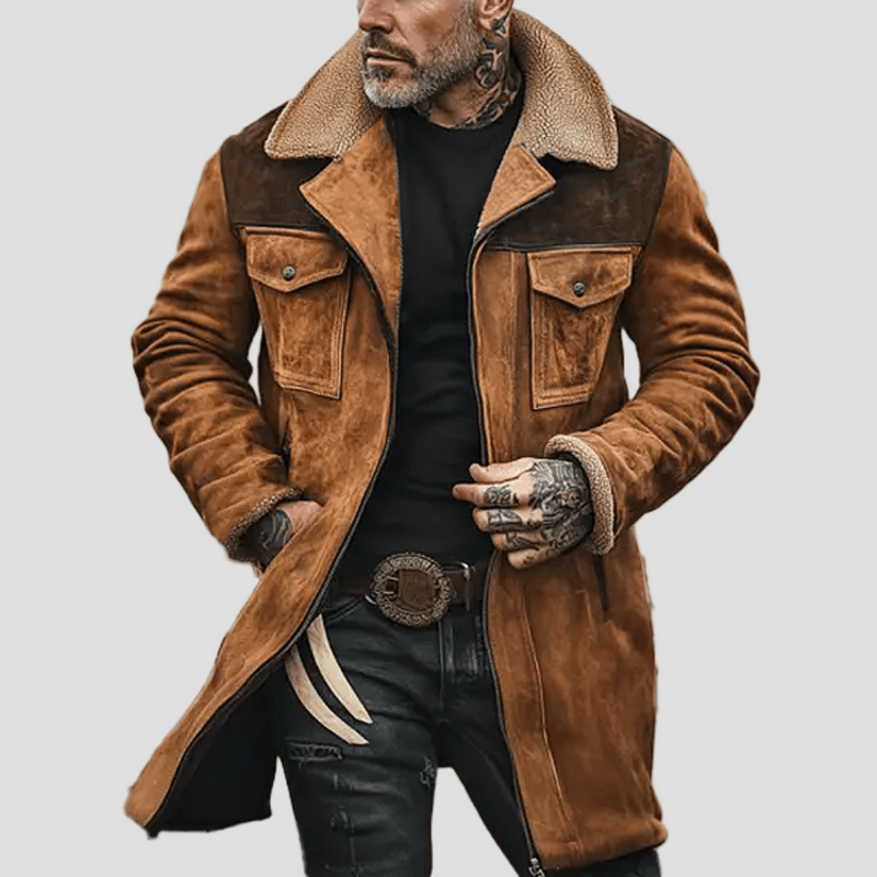 Declan | Colorblock Suede and Polar Fleece Lapel Mid-Length Coat