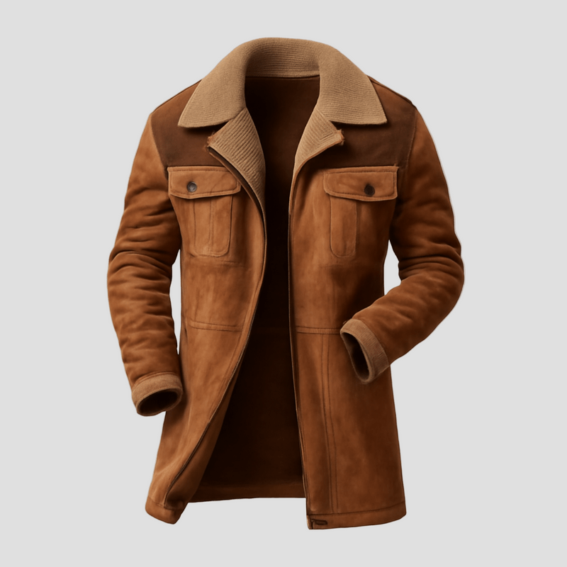 Declan | Colorblock Suede and Polar Fleece Lapel Mid-Length Coat