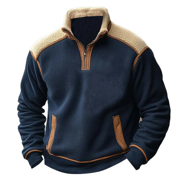 Henry Patchwork Pullover | Stand-Collar Zipper Cotton Pullover