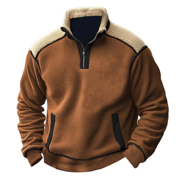 Henry Patchwork Pullover | Stand-Collar Zipper Cotton Pullover