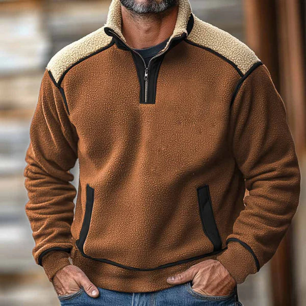 Henry Patchwork Pullover | Stand-Collar Zipper Cotton Pullover