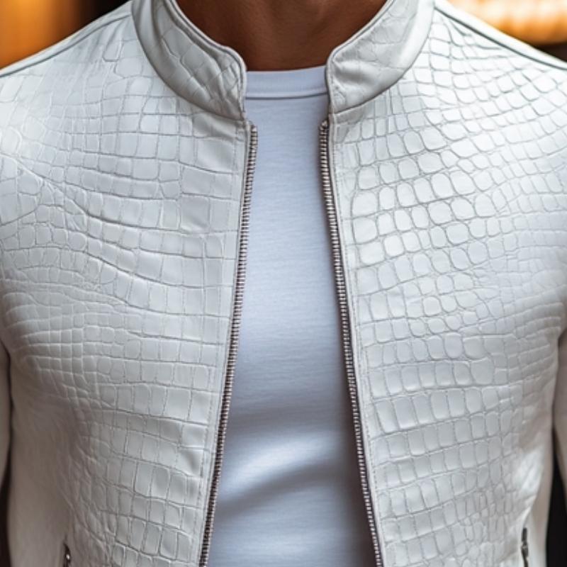 Nolan | Fashion Stone Pattern Stand Collar Slim Fit Leather Jacket